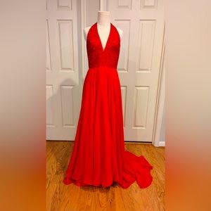 Sherri Hill Red Beaded Halter Evening Gown